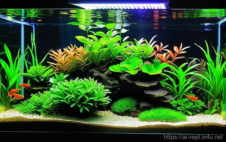 수족관 조명과 파충류 건강 - **Vibrant, Thriving Planted Aquarium with Advanced LED Lighting:** A wide-angle shot of a meticulous...