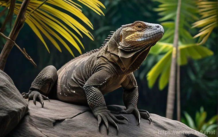 왕도마뱀 서식지 보호 프로젝트 - **Prompt:** A majestic and powerful Komodo dragon, approximately 3 meters (10 feet) long, stands con...
