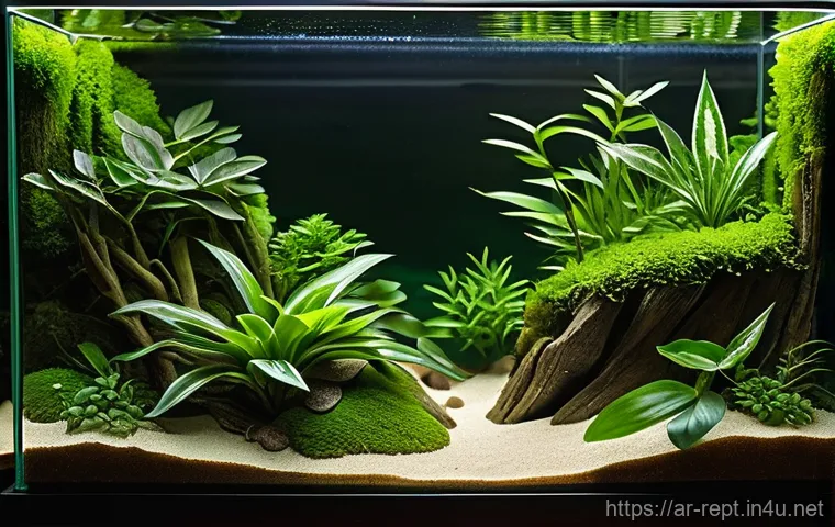 테라리움 배경 장식 아이디어 - **Lush Verdant Forest Terrarium Background:** A close-up, highly detailed image of a vivacious terra...