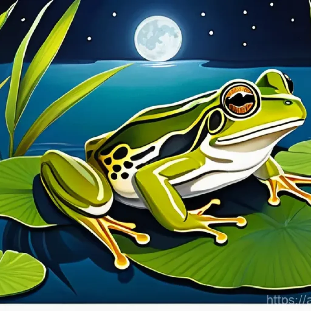 개구리 울음소리로 종 식별하기 - A vibrant, detailed illustration of a robust Green Frog (Pelophylax ridibundus) at night. The frog i...