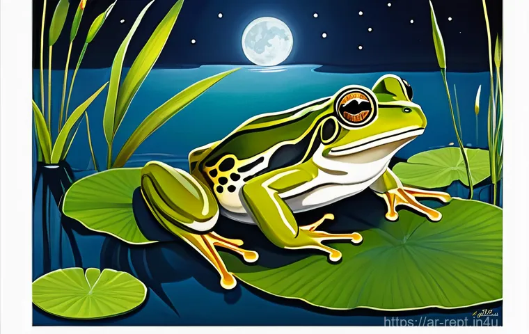 개구리 울음소리로 종 식별하기 - A vibrant, detailed illustration of a robust Green Frog (Pelophylax ridibundus) at night. The frog i...