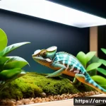카멜레온 분양 가이드 - A serene terrarium setup featuring a Persian chameleon wearing a light harness, basking on a natural...