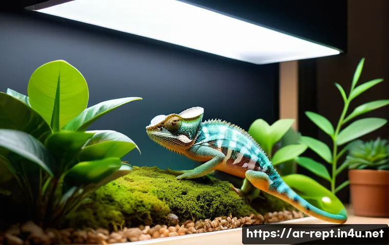 카멜레온 분양 가이드 - A serene terrarium setup featuring a Persian chameleon wearing a light harness, basking on a natural...