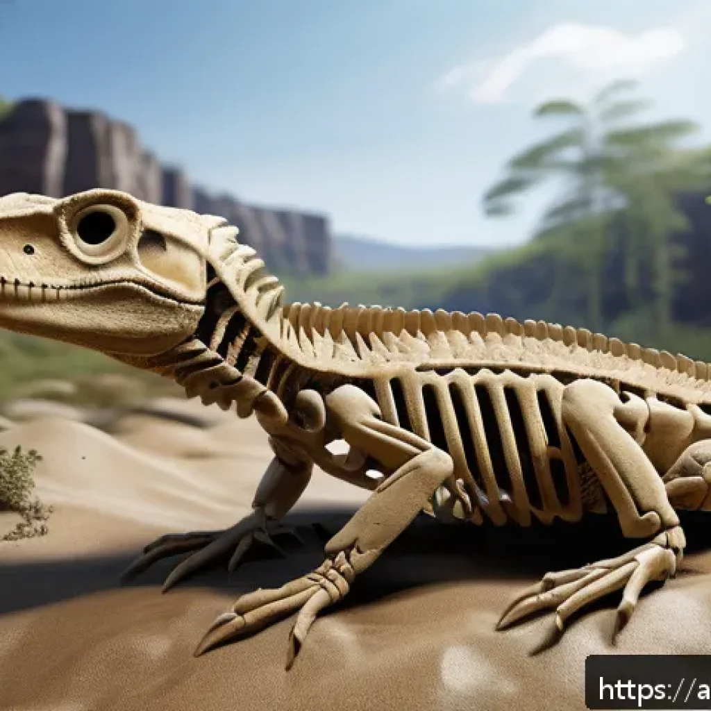 고대 파충류 화석 발견 이야기 - A highly detailed 3D-rendered image of a newly discovered ancient reptile fossil embedded in sedimen...