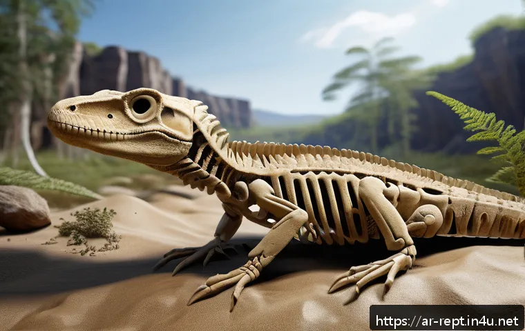 고대 파충류 화석 발견 이야기 - A highly detailed 3D-rendered image of a newly discovered ancient reptile fossil embedded in sedimen...