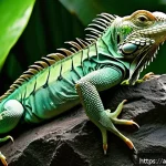 이구아나와 도마뱀의 교배 가능성 - A detailed naturalistic scene showing an iguana and various lizard species in their distinct habitat...