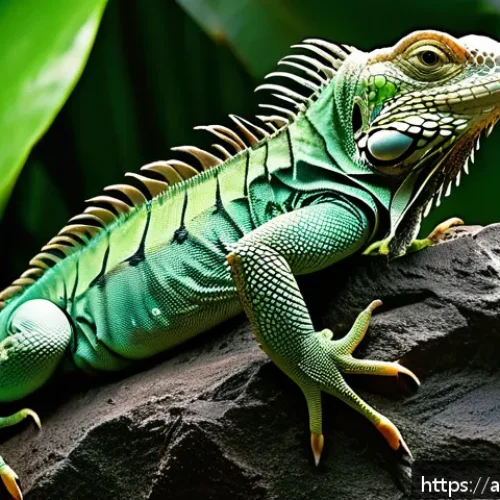이구아나와 도마뱀의 교배 가능성 - A detailed naturalistic scene showing an iguana and various lizard species in their distinct habitat...