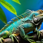 이구아나의 색 변화 이유 - A vibrant green iguana basking on a sunlit tropical tree branch in a lush rainforest, displaying viv...