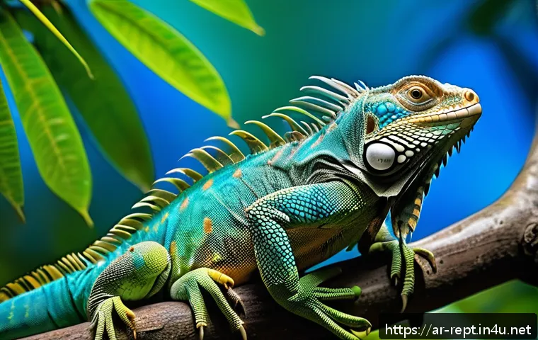 이구아나의 색 변화 이유 - A vibrant green iguana basking on a sunlit tropical tree branch in a lush rainforest, displaying viv...
