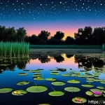 개구리 울음소리의 생태적 의미 - A serene nighttime wetland scene under a starry sky in an Arabic cultural setting, featuring a varie...