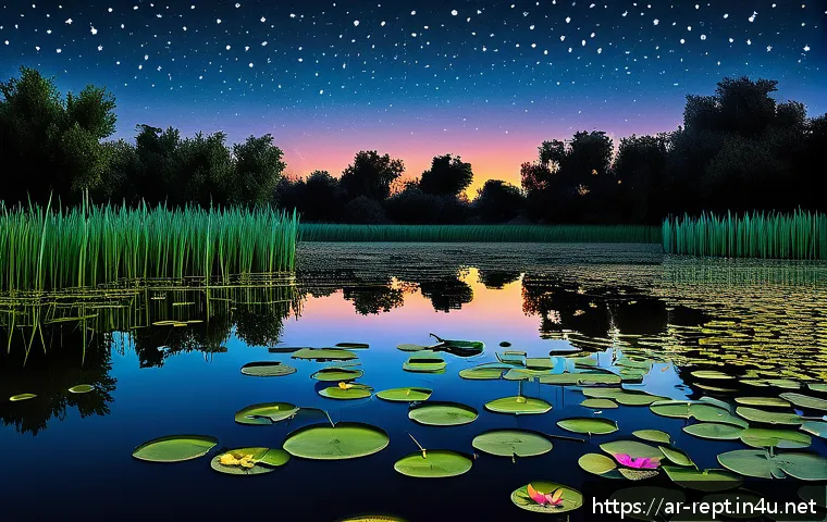 개구리 울음소리의 생태적 의미 - A serene nighttime wetland scene under a starry sky in an Arabic cultural setting, featuring a varie...