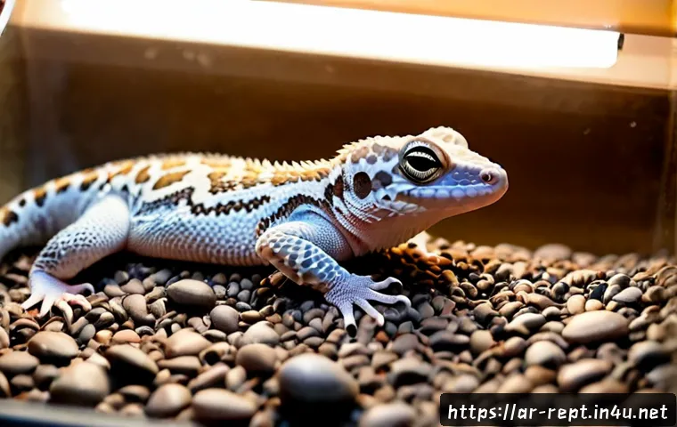 파충류 피부 질환 예방 - Photorealistic close-up of a healthy leopard gecko resting in a clean glass terrarium, clear smooth ...